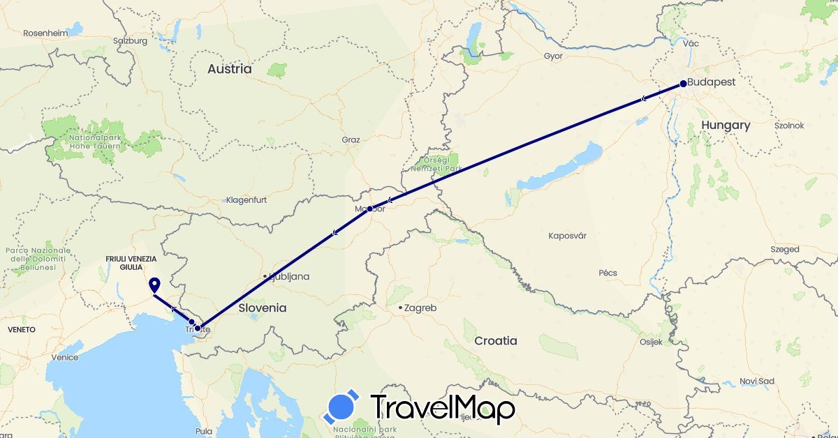TravelMap itinerary: driving in Hungary, Italy, Slovenia (Europe)